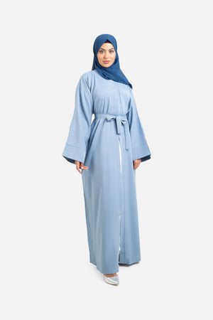 Plain sky blue open abaya front view