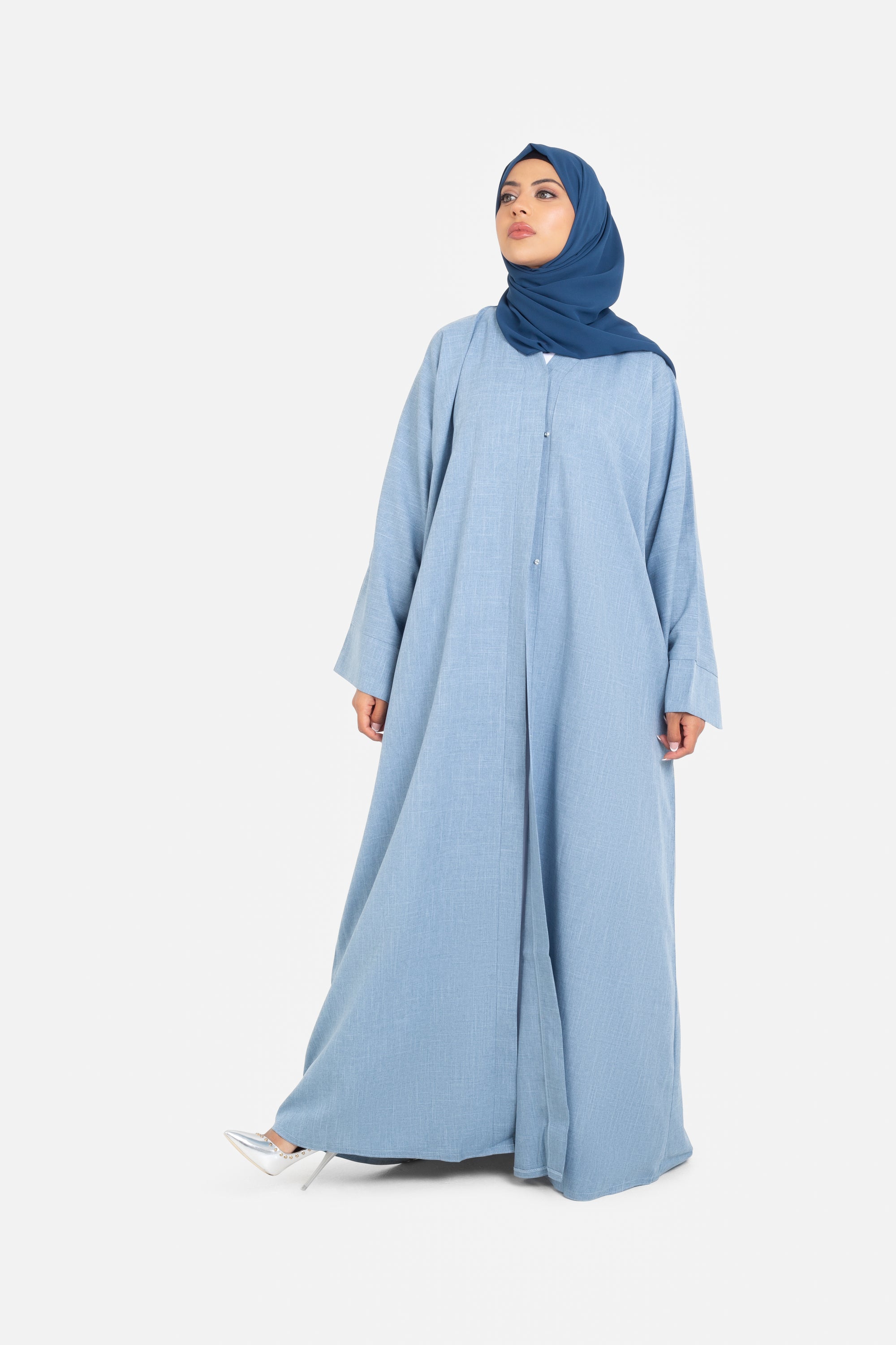 Plain sky blue open abaya front view