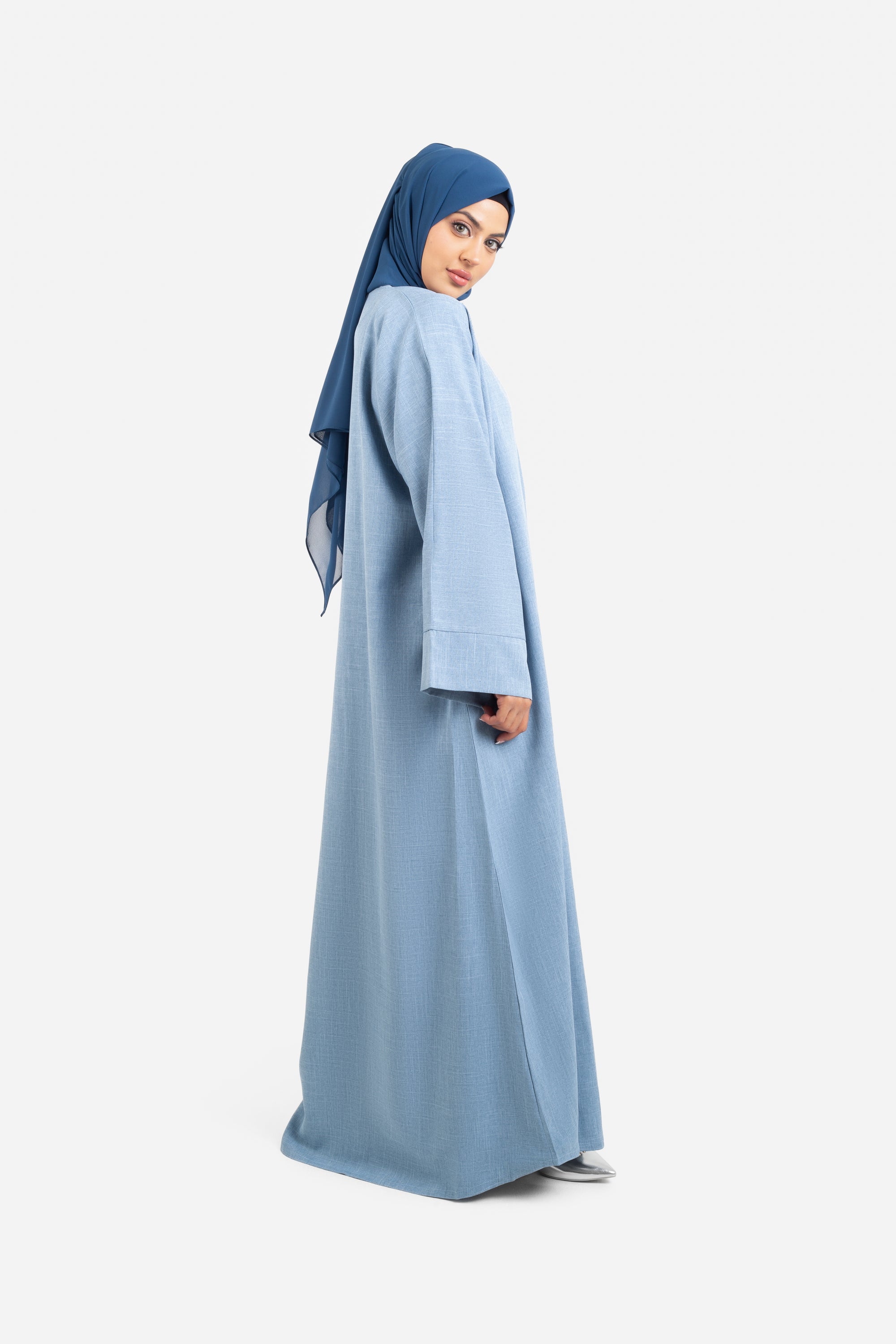 Plain sky blue open abaya side view