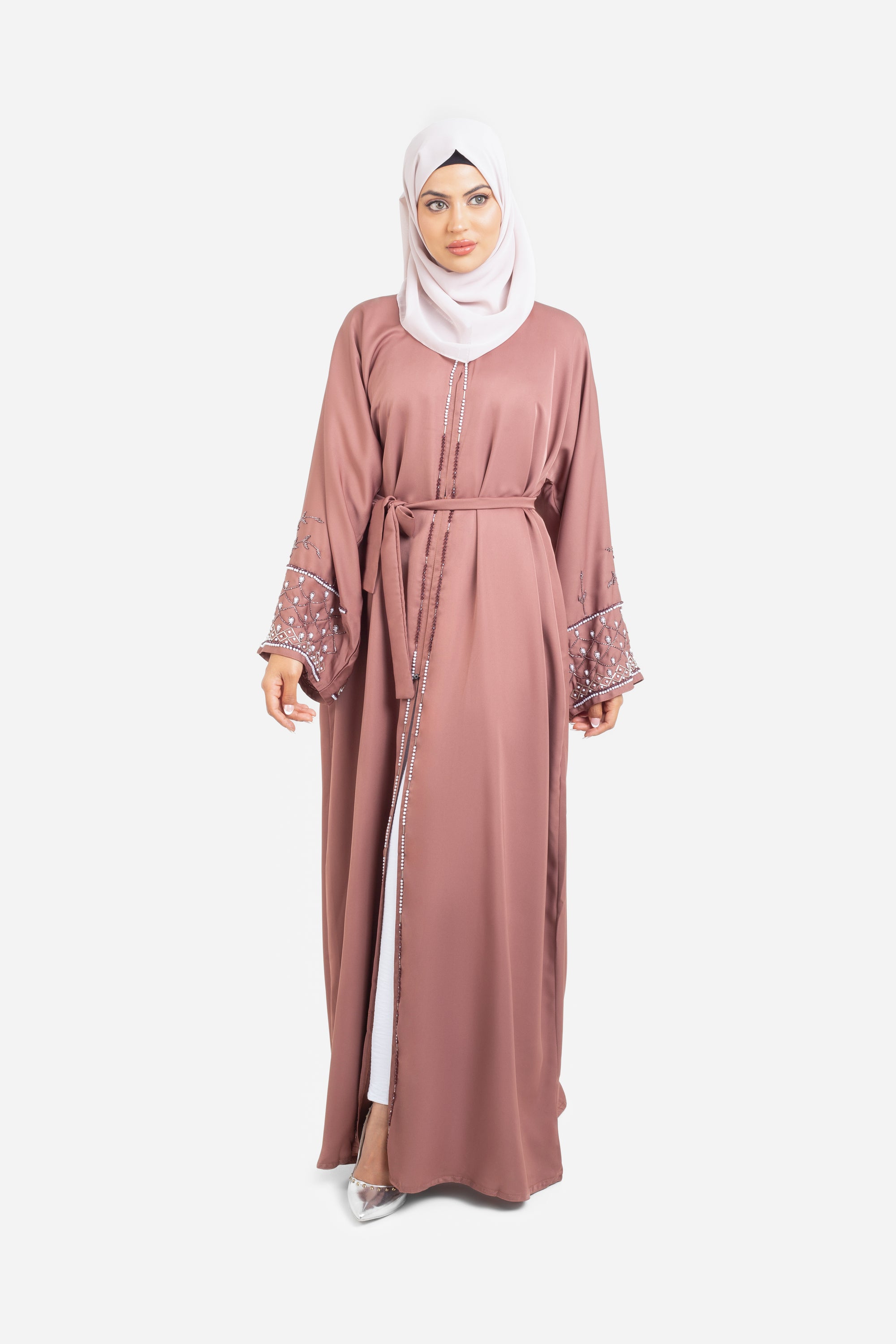 Rose Gold Open Abaya With Detailed Embellished Sleeves Anaqa Inspired Rose Gold Open Abaya With Detailed Embellished Sleeves Anaqa Inspired