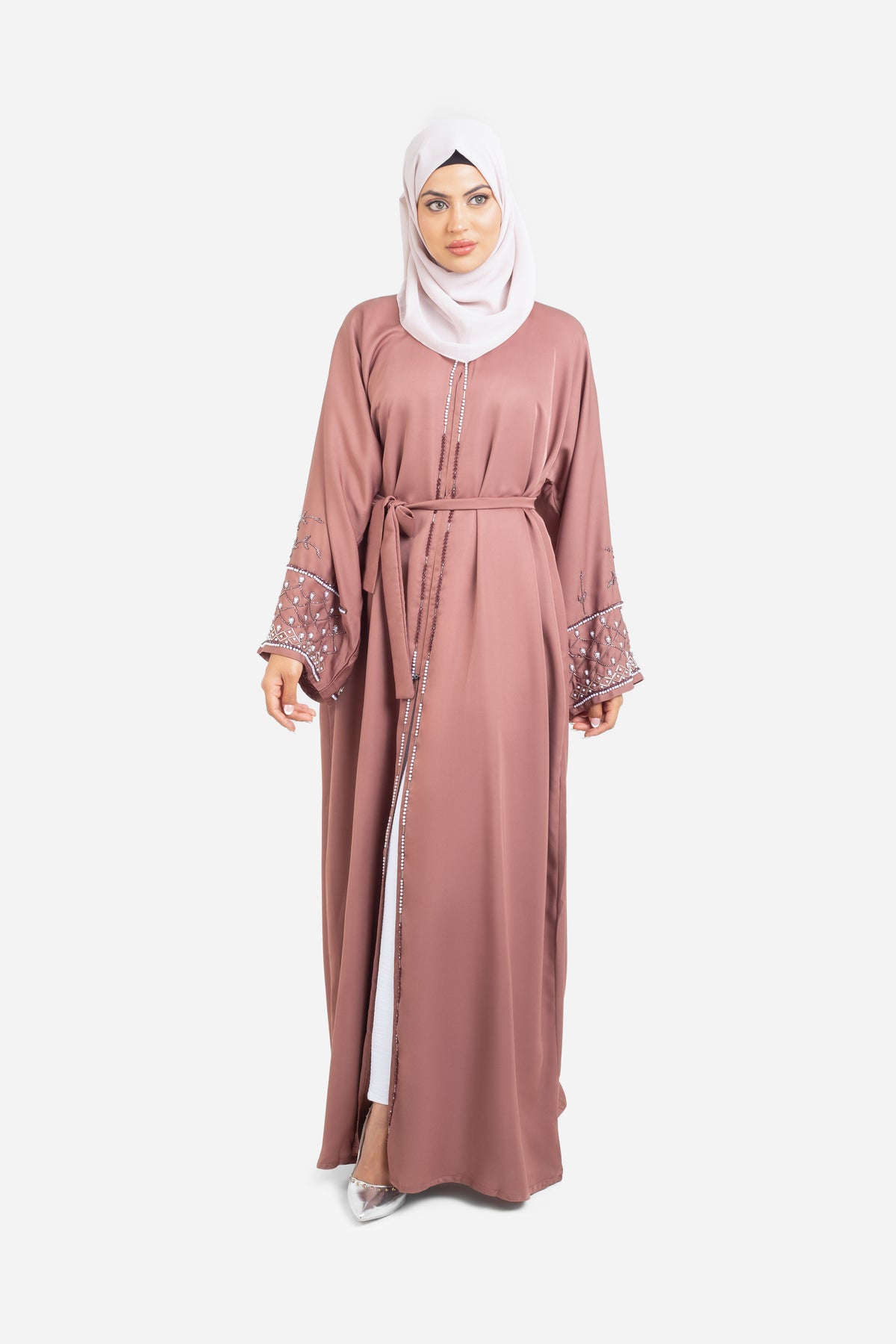 Rose gold open abaya with detailed embellishments front view