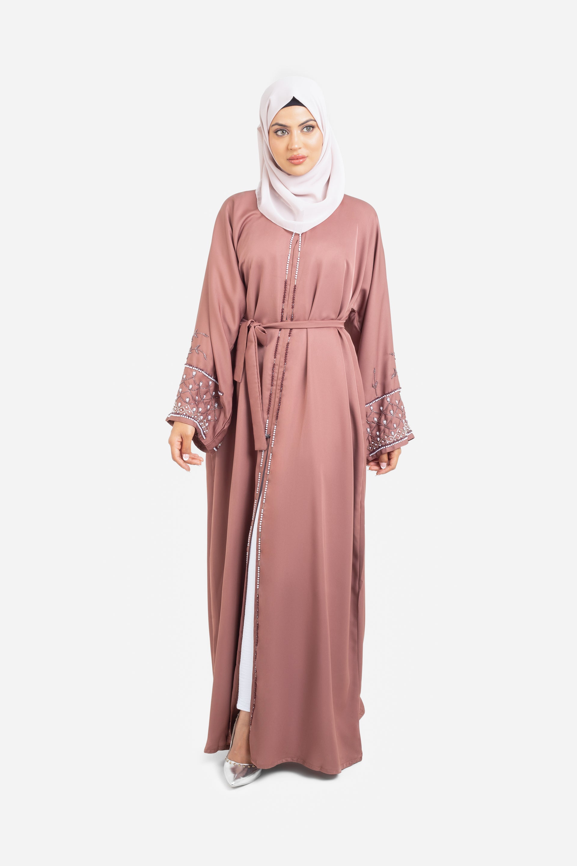Rose Gold Open Abaya With Detailed Embellished Sleeves  Anaqa Inspired