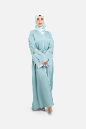 Sage green embellished abaya with split cuffs front view