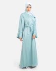 Sage green open abaya with detailed embellishments front view