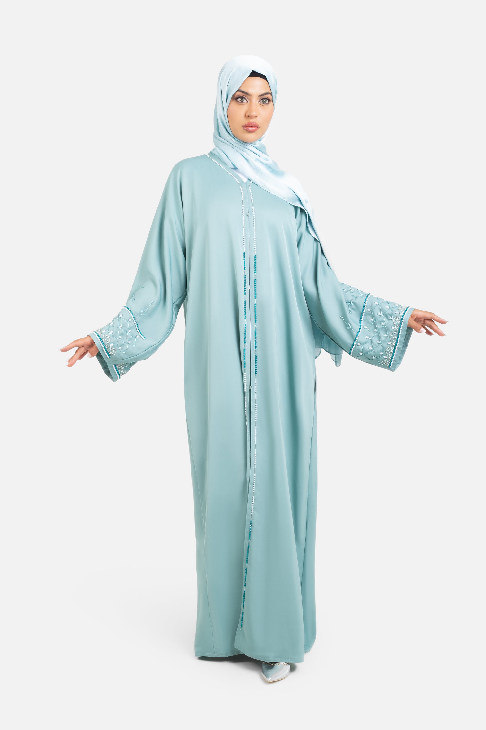 Sage Green Open Abaya With Detailed Embellished Sleeves Anaqa Inspired Sage Green Open Abaya With Detailed Embellished Sleeves Anaqa Inspired