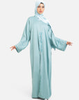 Sage green open abaya with detailed embellishments front view