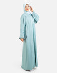 Sage green open abaya with detailed embellishments front side