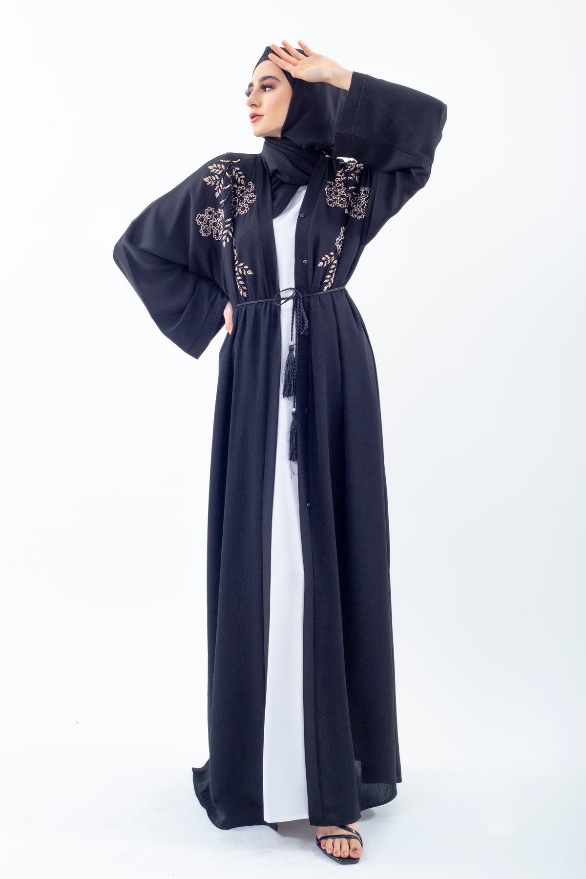 Gold Floral Embellished Open Abaya