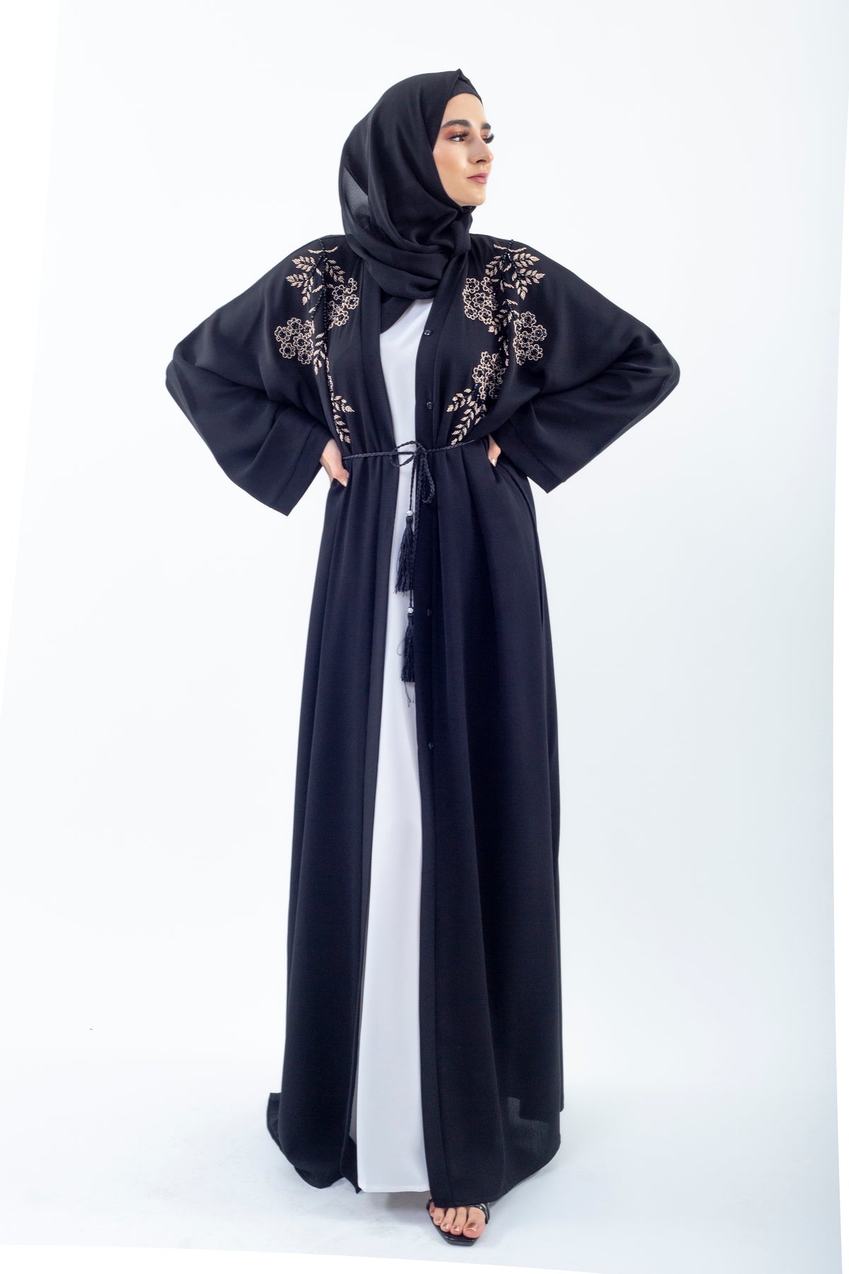 Gold Floral Embellished Open Abaya