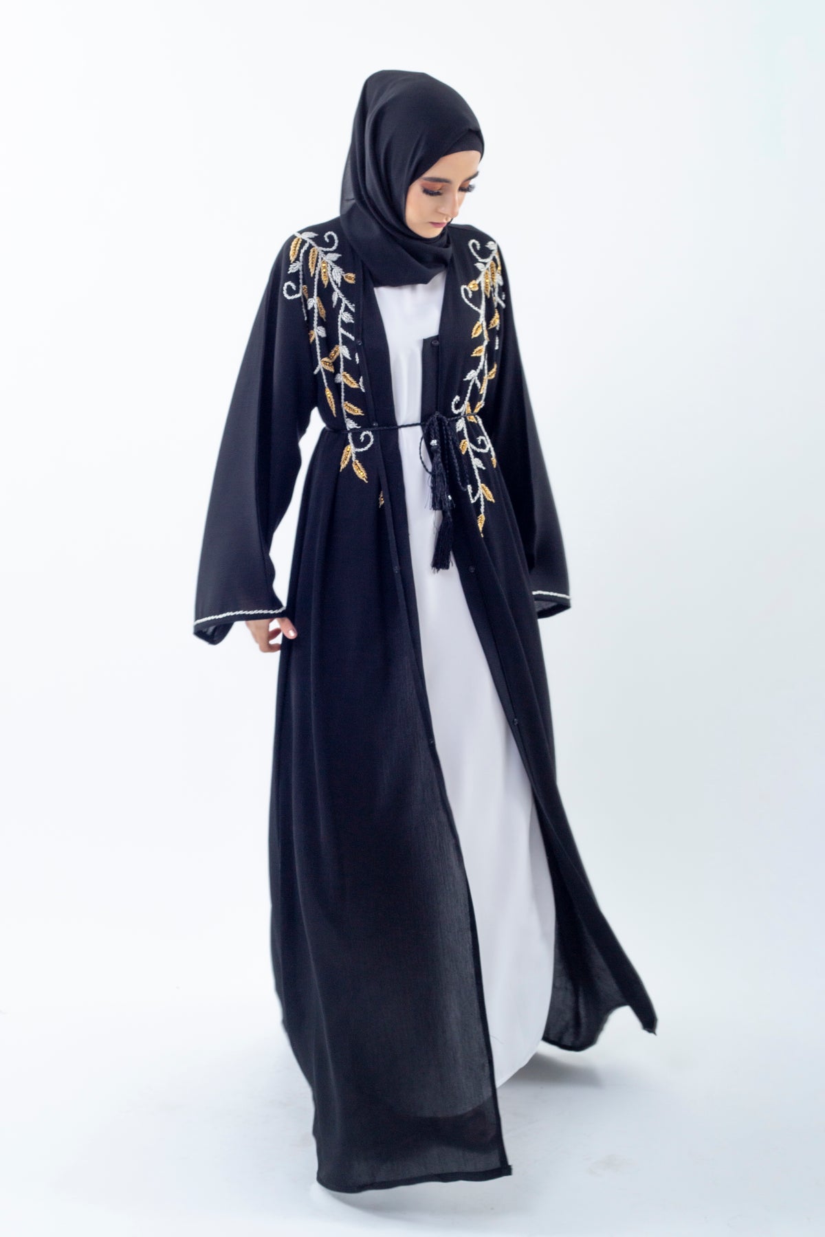 Gold and Silver Vine Embellished Open Abaya