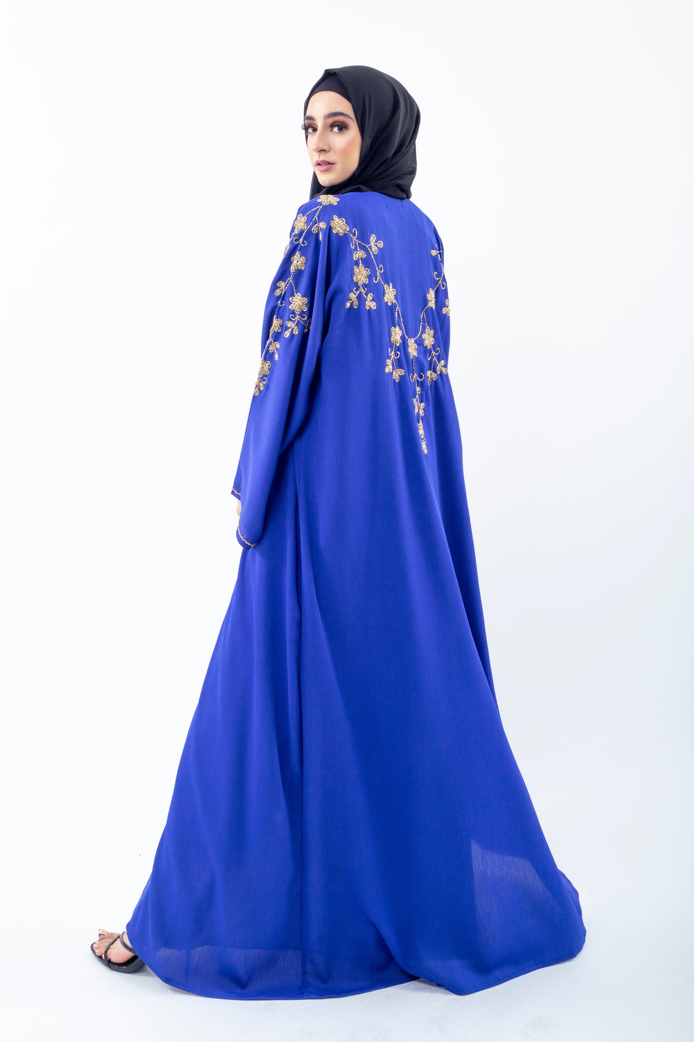 Cobalt Blue Open Abaya With Gold Embellishment