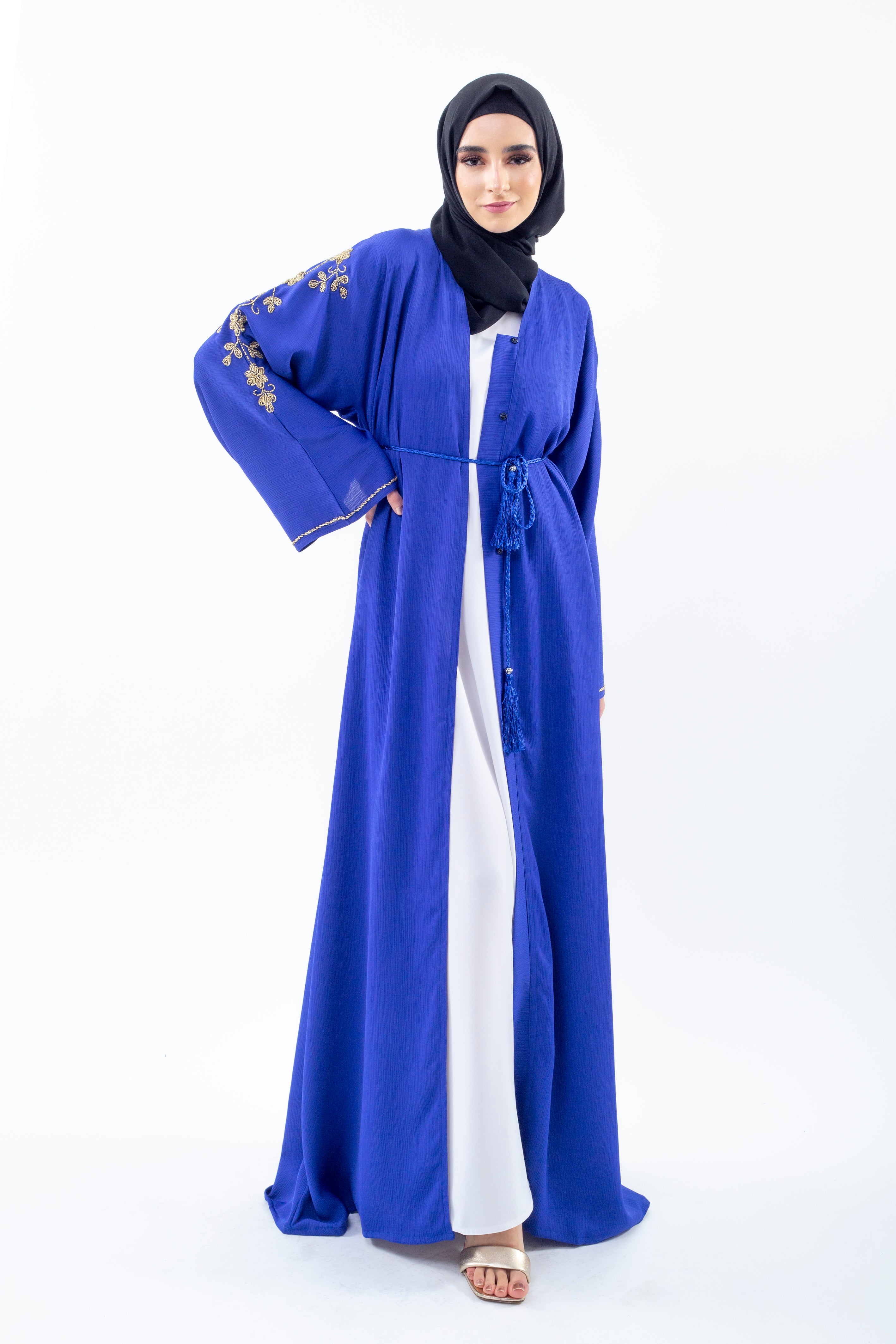 Cobalt Blue Open Abaya With Gold Embellishment