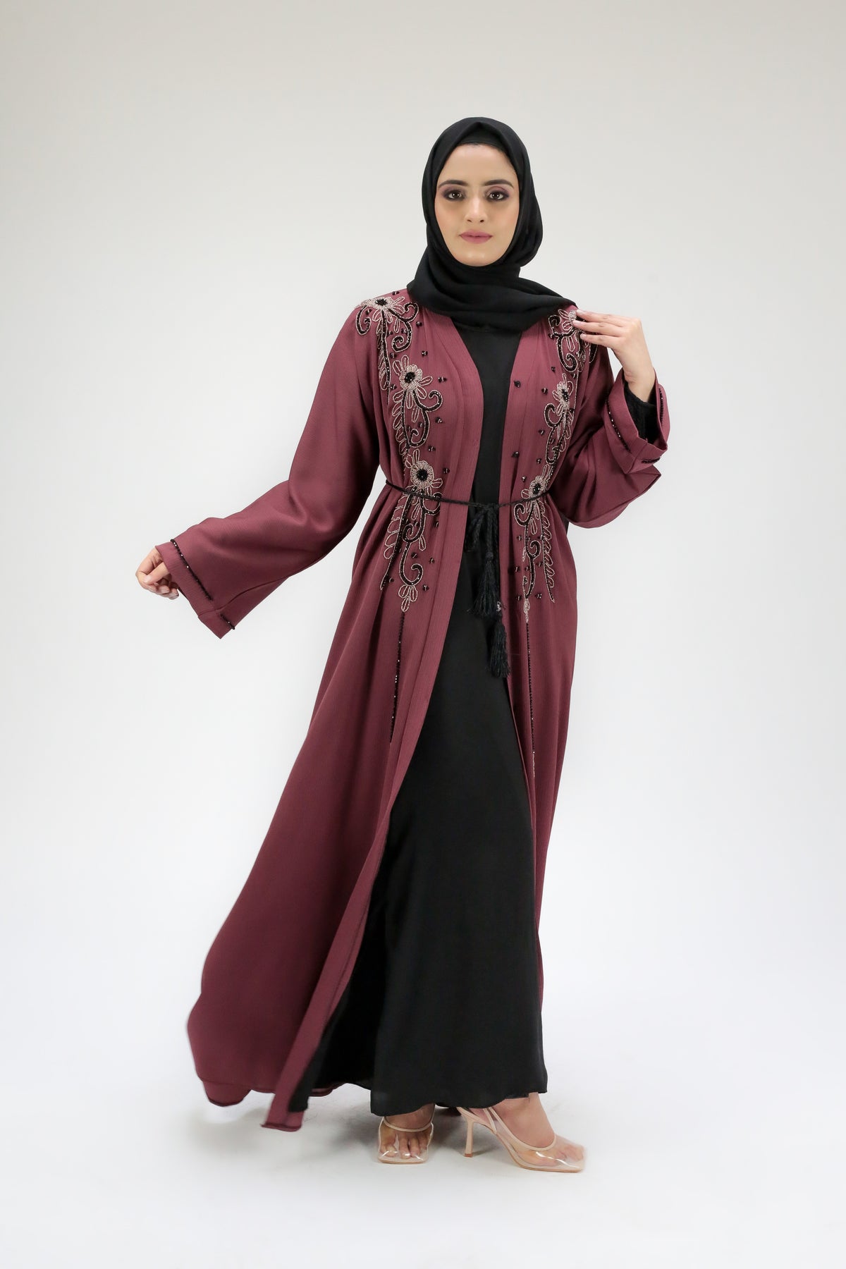 Rogue Pink Embellished Open Abaya