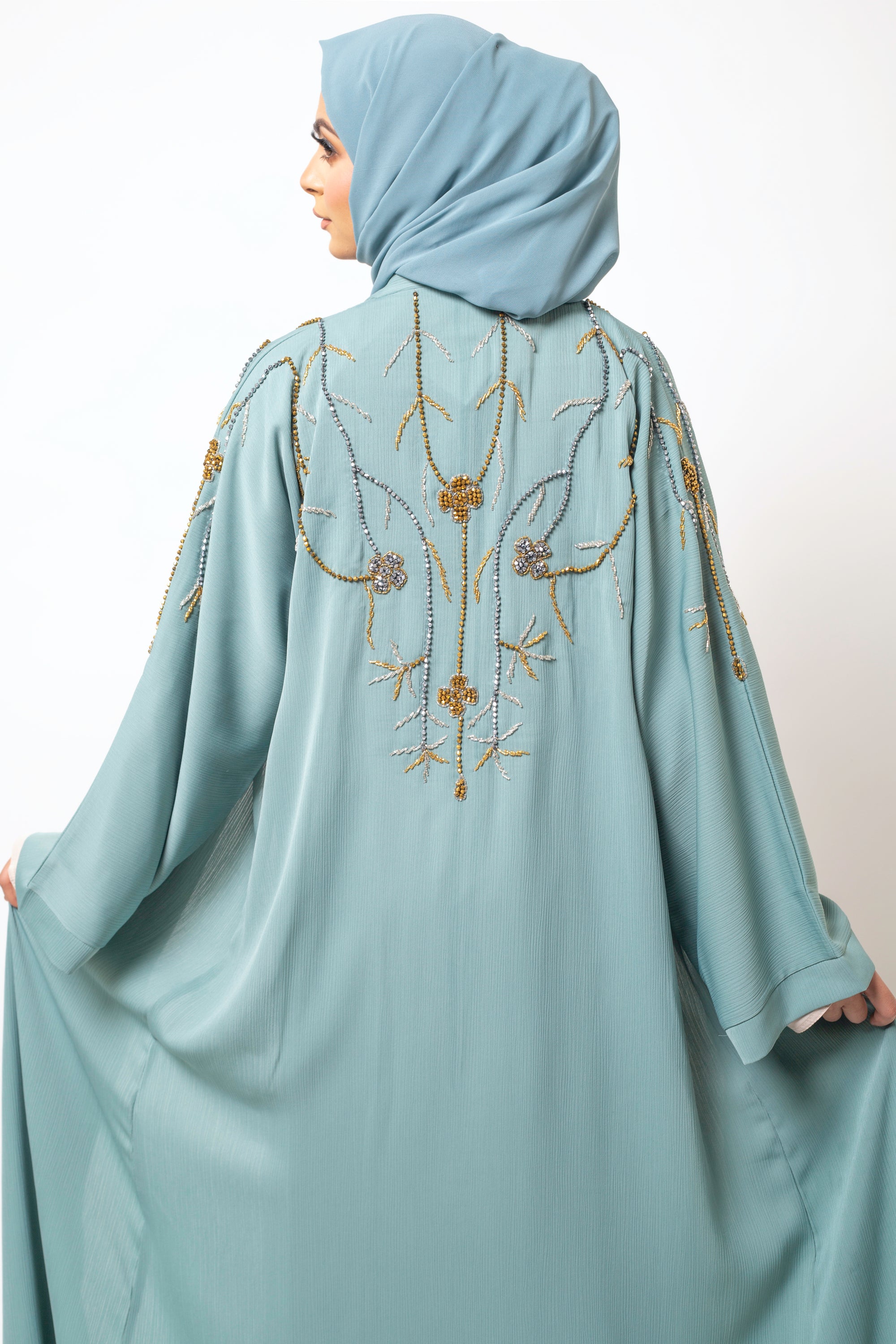 Luxury Sage Green Gold Embellished Abaya