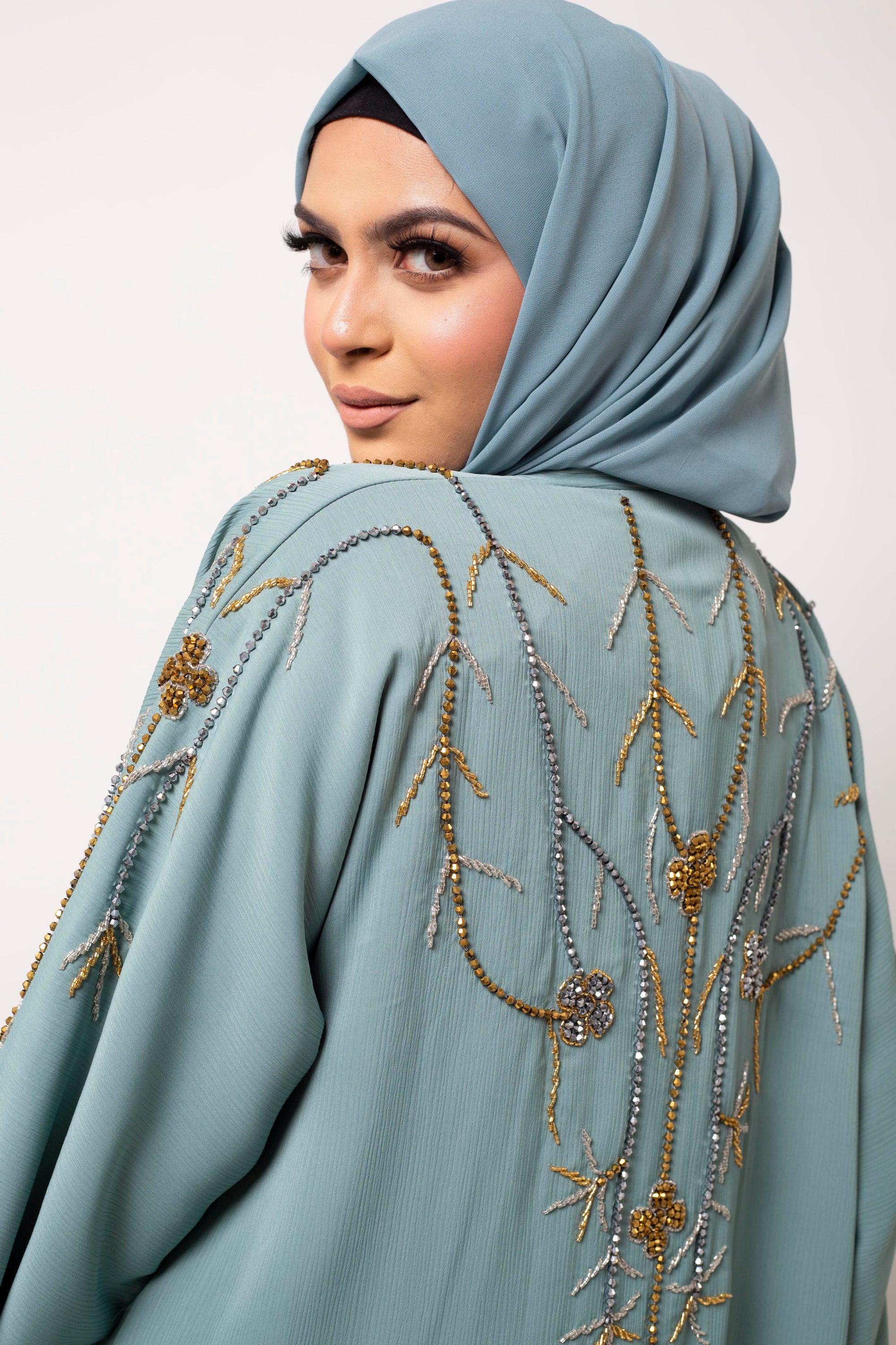 Luxury Sage Green Gold Embellished Abaya