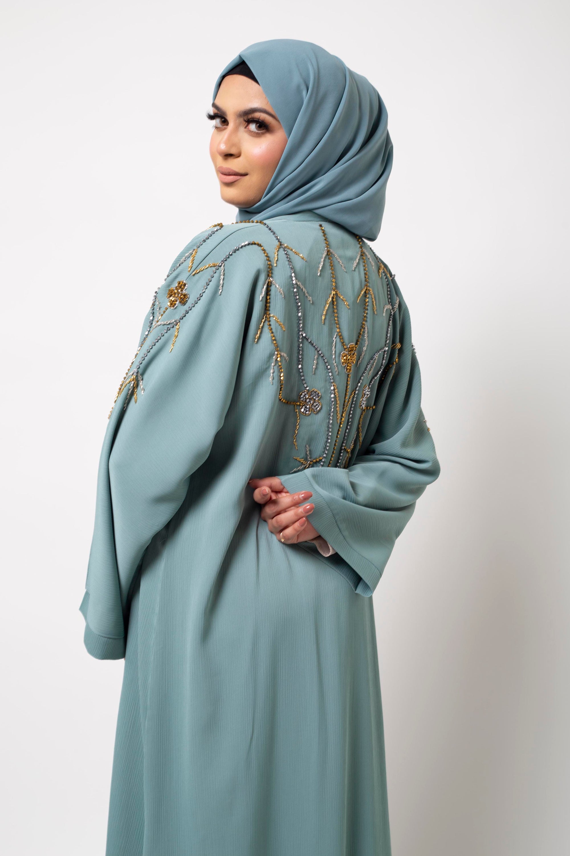 Luxury Sage Green Gold Embellished Abaya