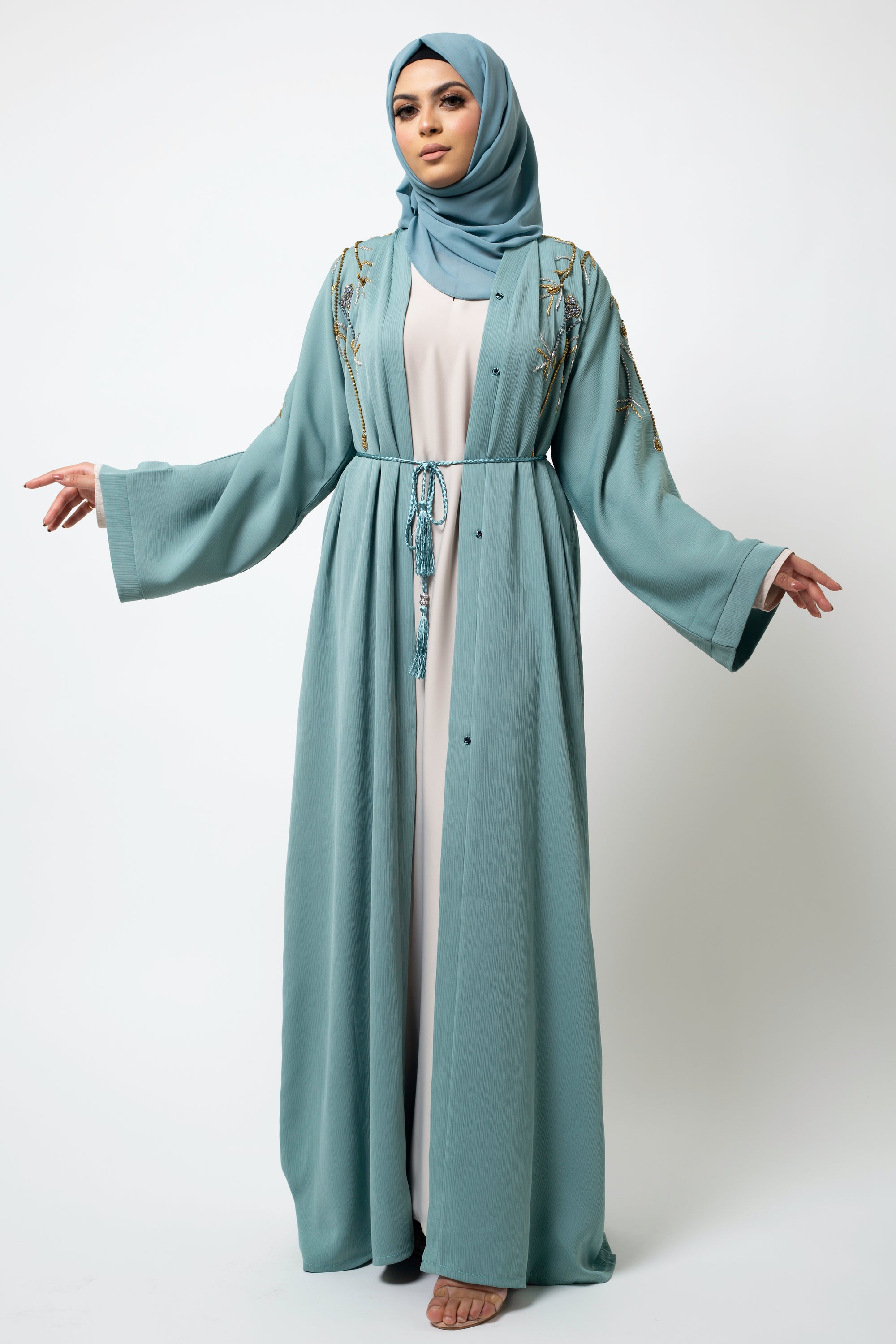Luxury Sage Green Gold Embellished Abaya Anaqa Inspired Luxury Sage Green Gold Embellished Abaya Anaqa Inspired