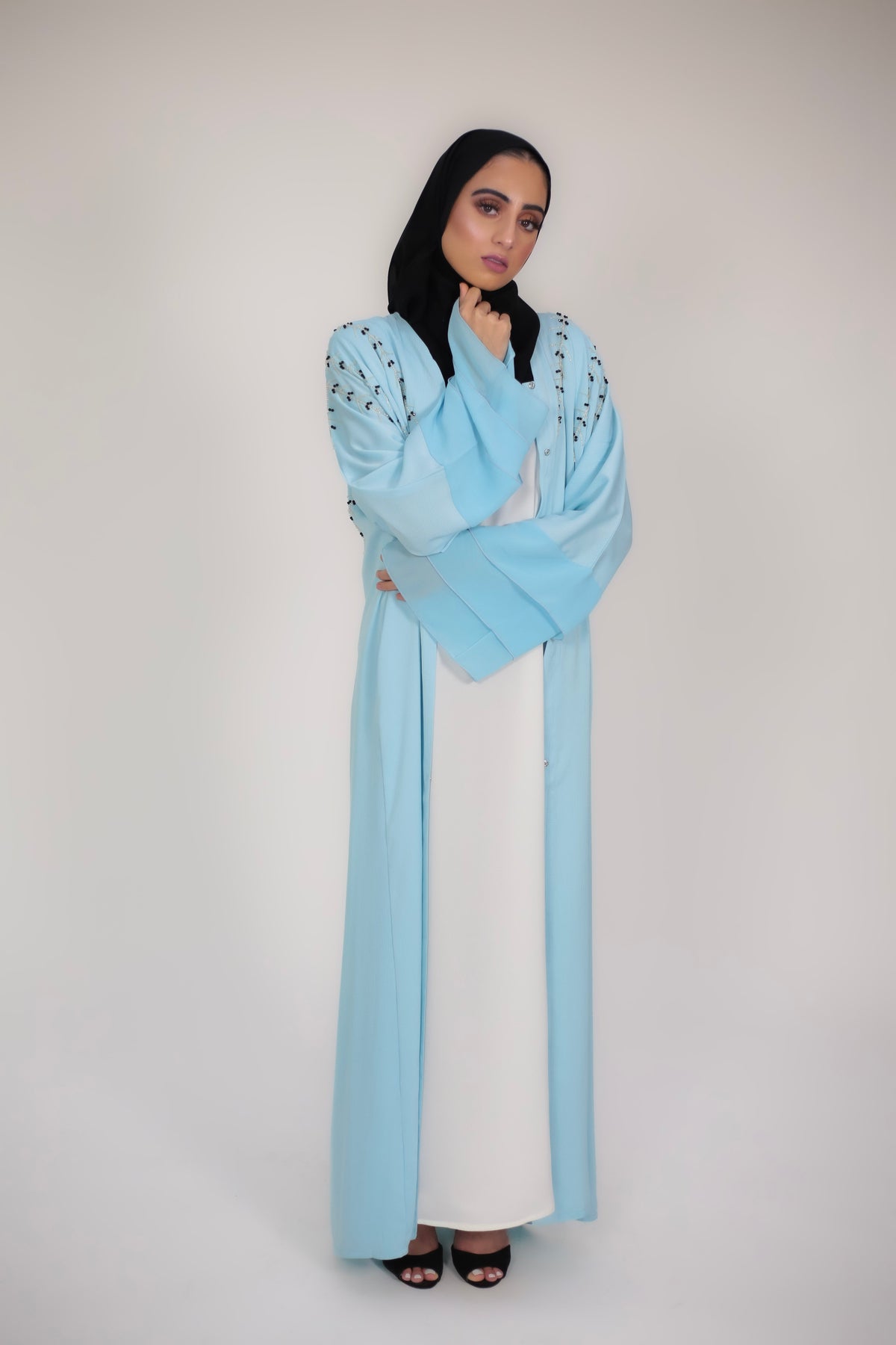 Blue Lagoon Layered Bell Sleeve Open Abaya