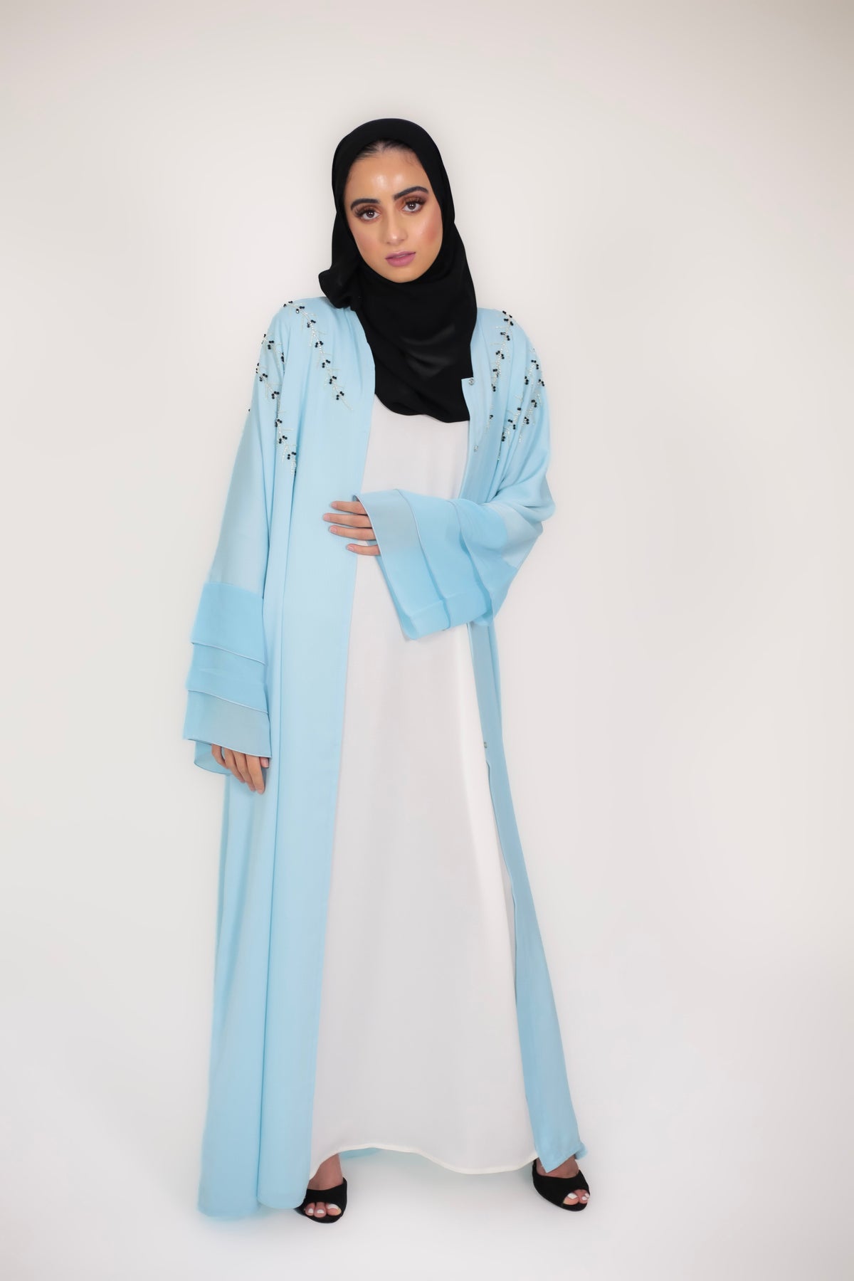 Blue Lagoon Layered Bell Sleeve Open Abaya