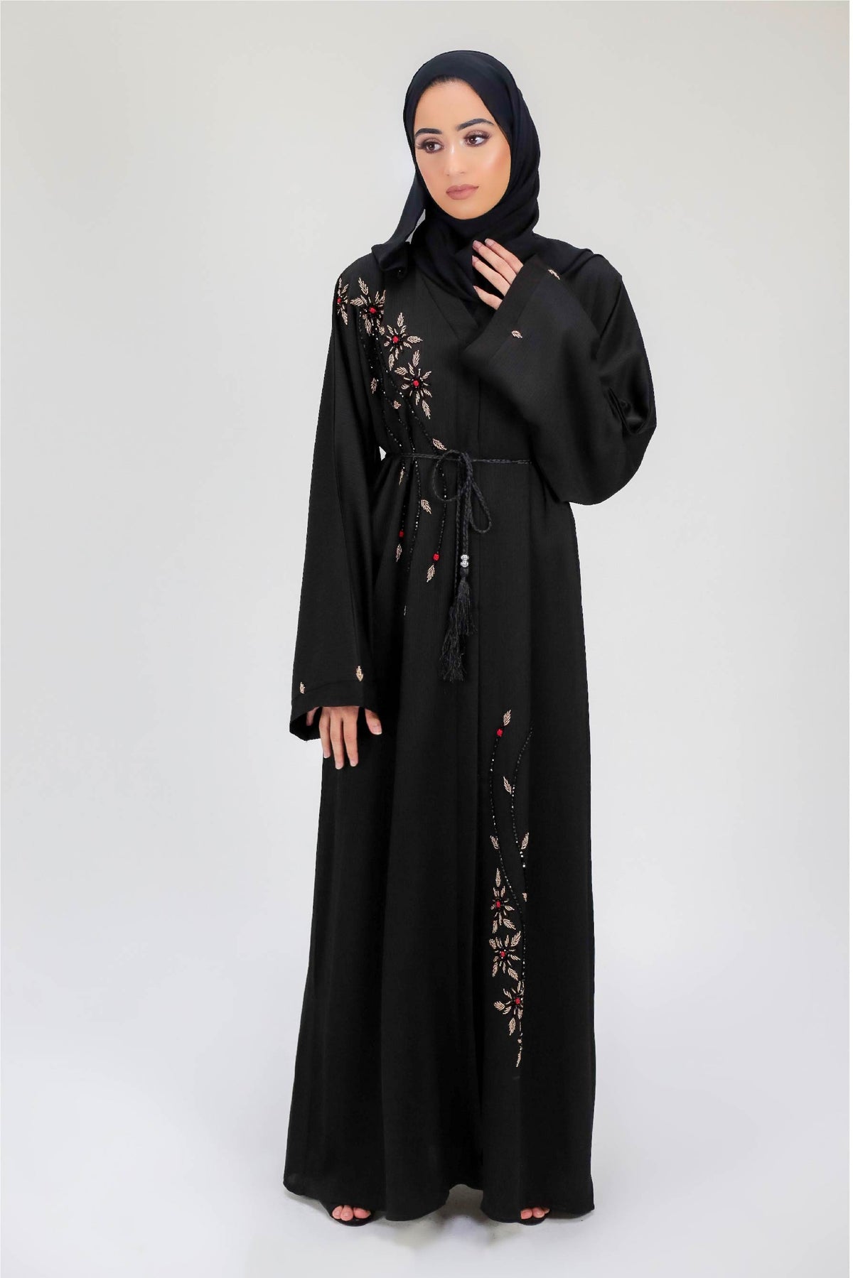 Belle Gold Floral Embellished Black Open Abaya