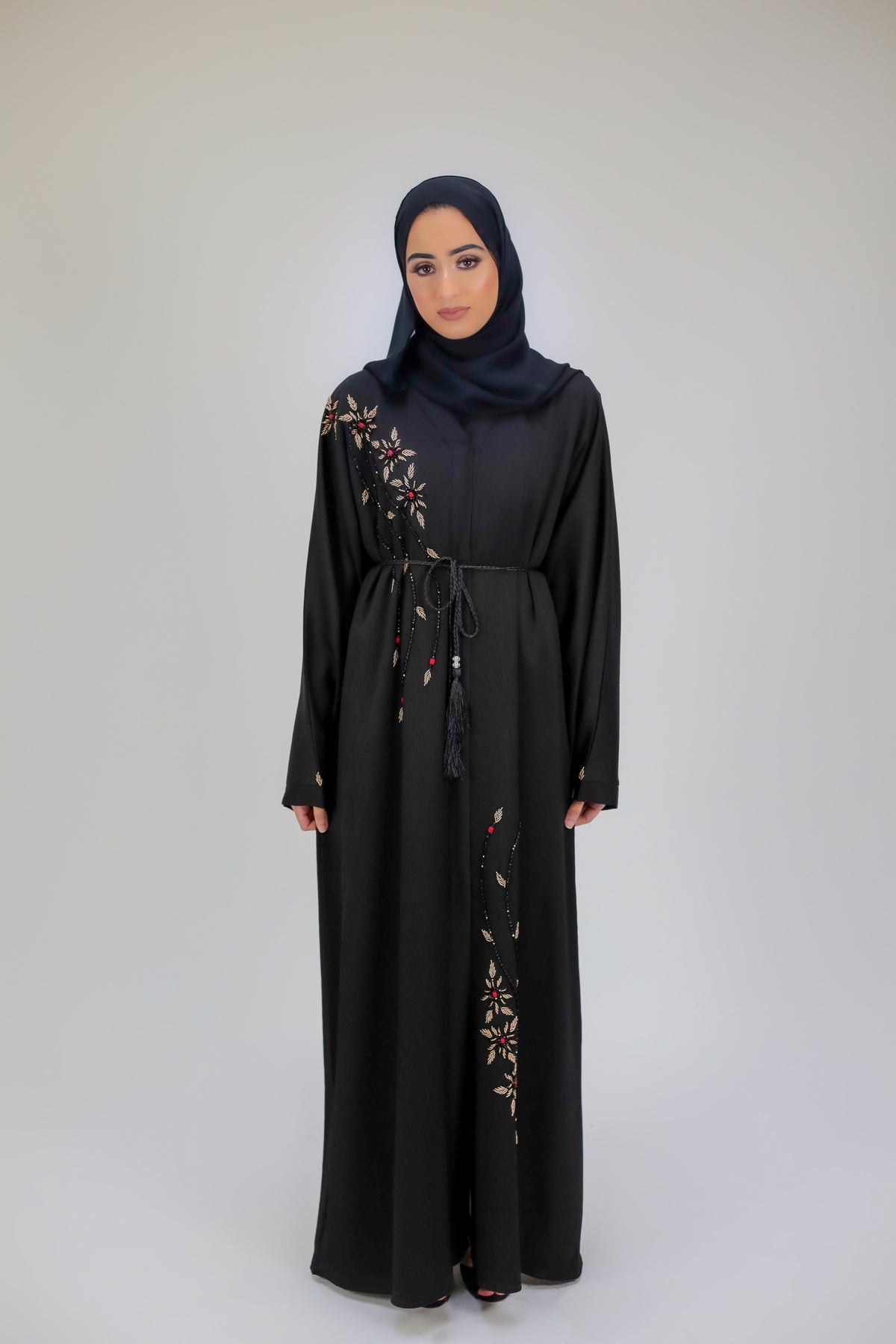 Belle Gold Floral Embellished Black Open Abaya