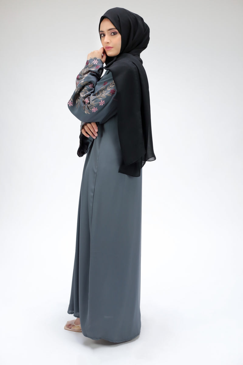 Volcanic Ash Grey Abaya With Exquisite Floral Embroidery