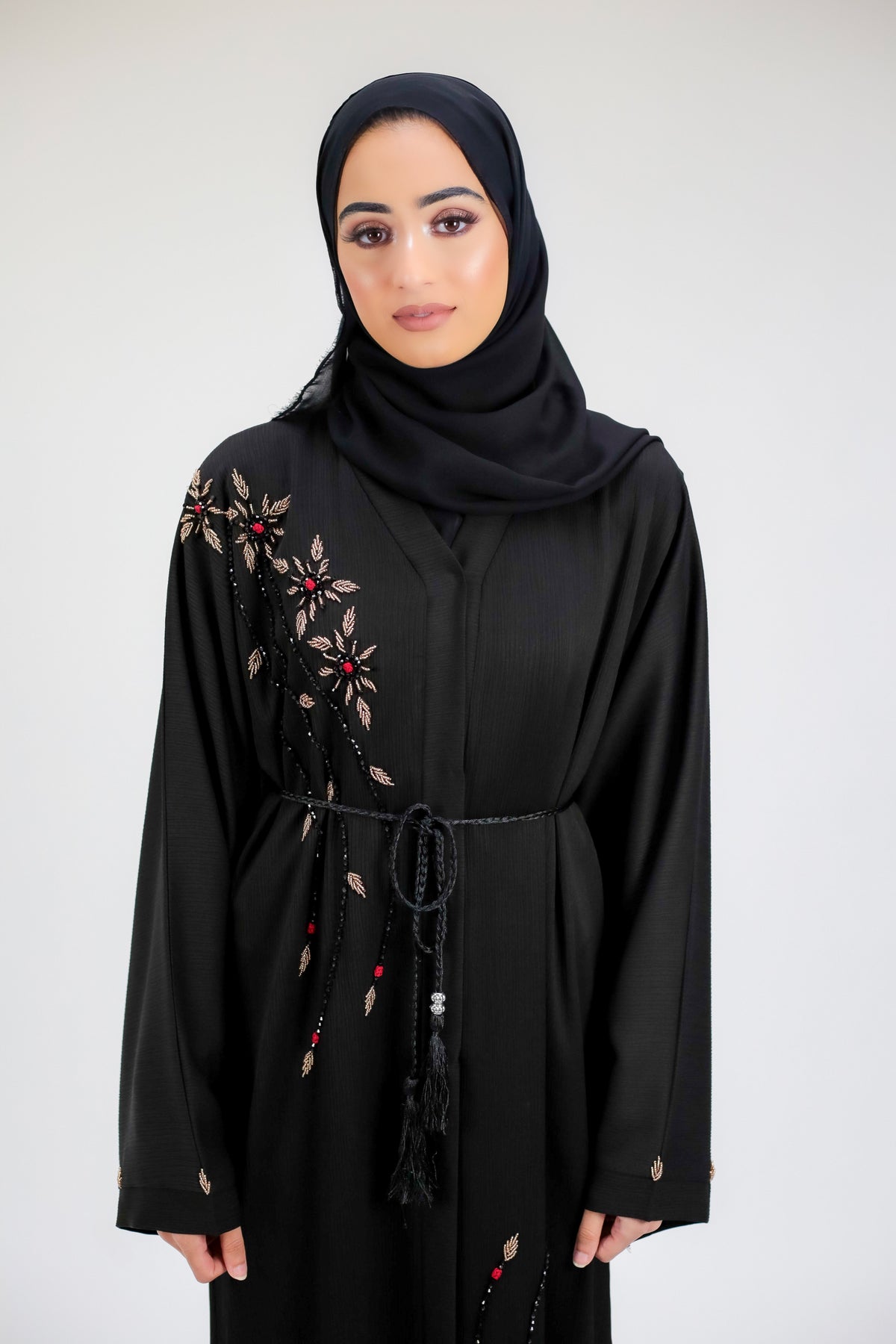 Belle Gold Floral Embellished Black Open Abaya