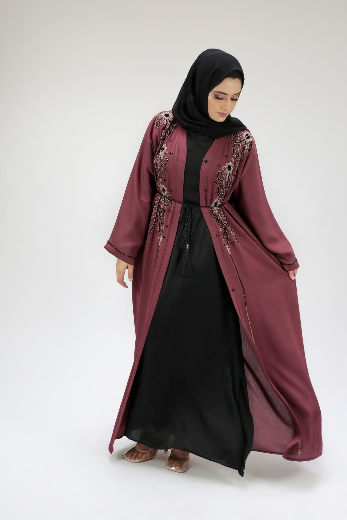 Rogue Pink Embellished Open Abaya