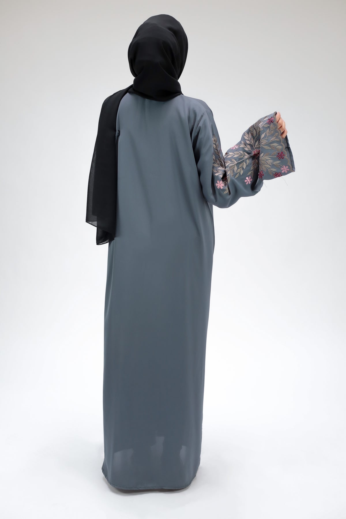 Volcanic Ash Grey Abaya With Exquisite Floral Embroidery