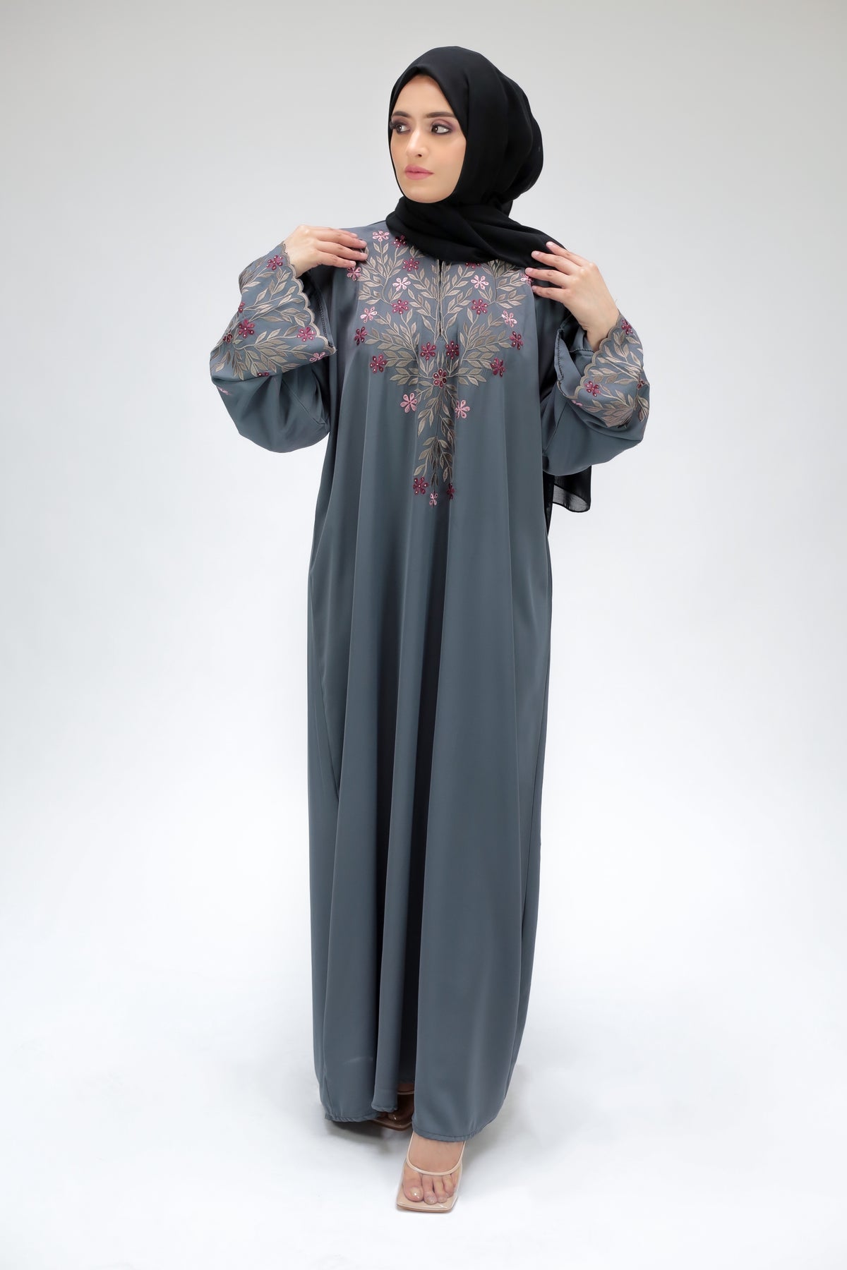 Volcanic Ash Grey Abaya With Exquisite Floral Embroidery