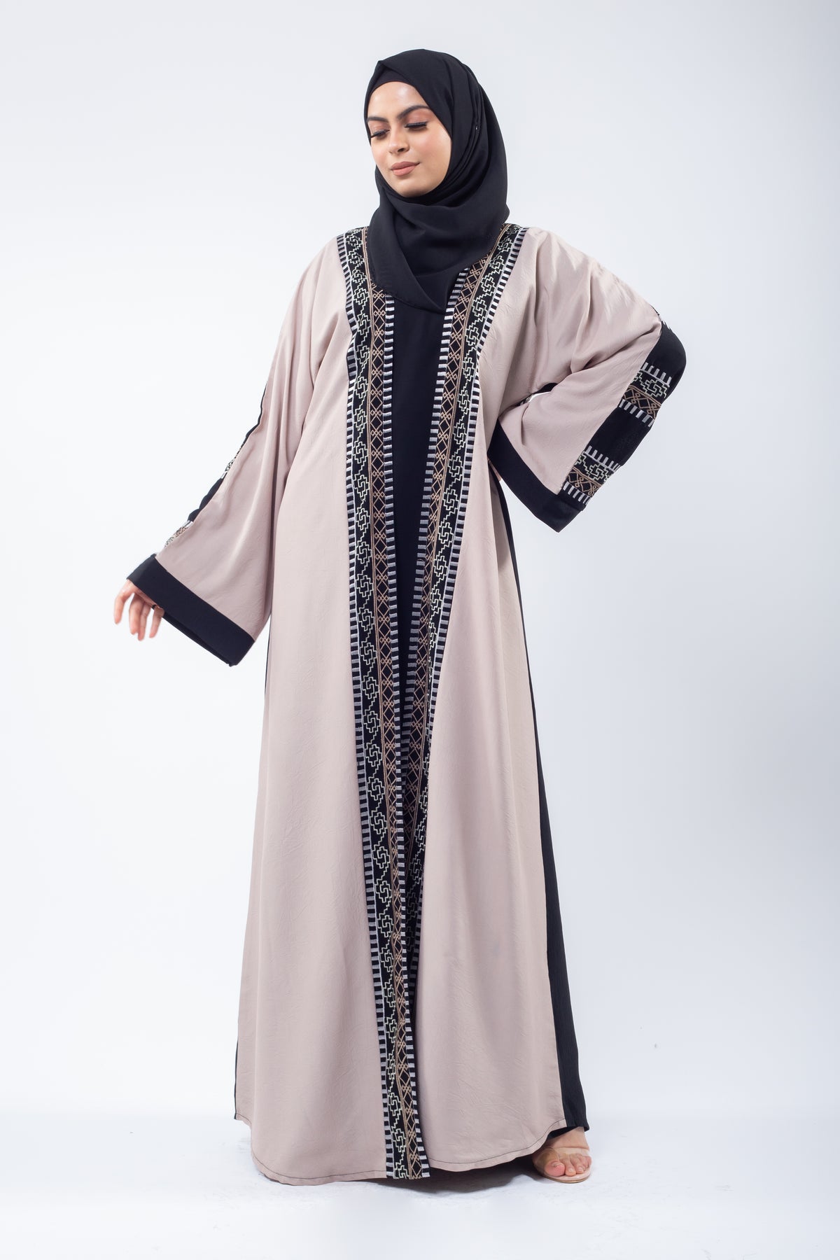 Dual Tone Aztec Print Co-Ord Open Abaya