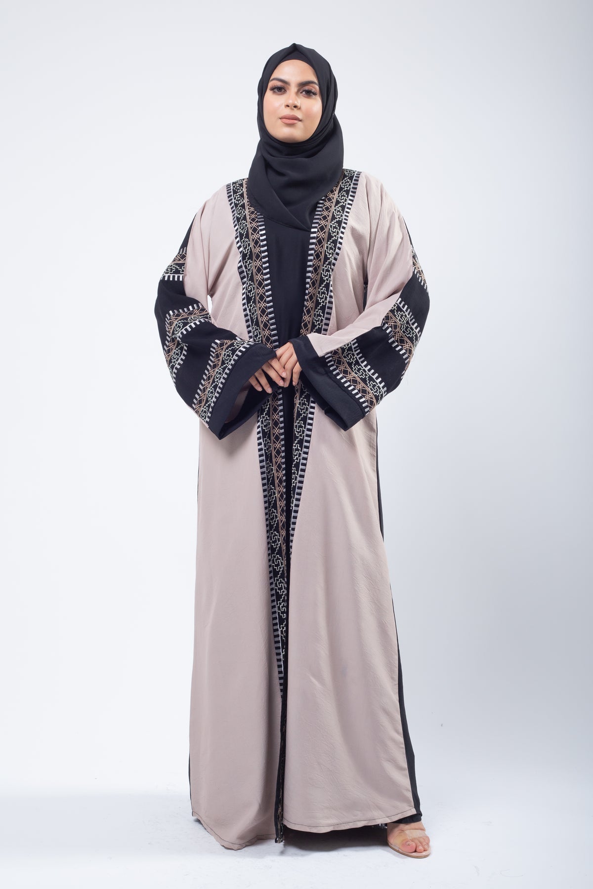 Dual Tone Aztec Print Co-Ord Open Abaya