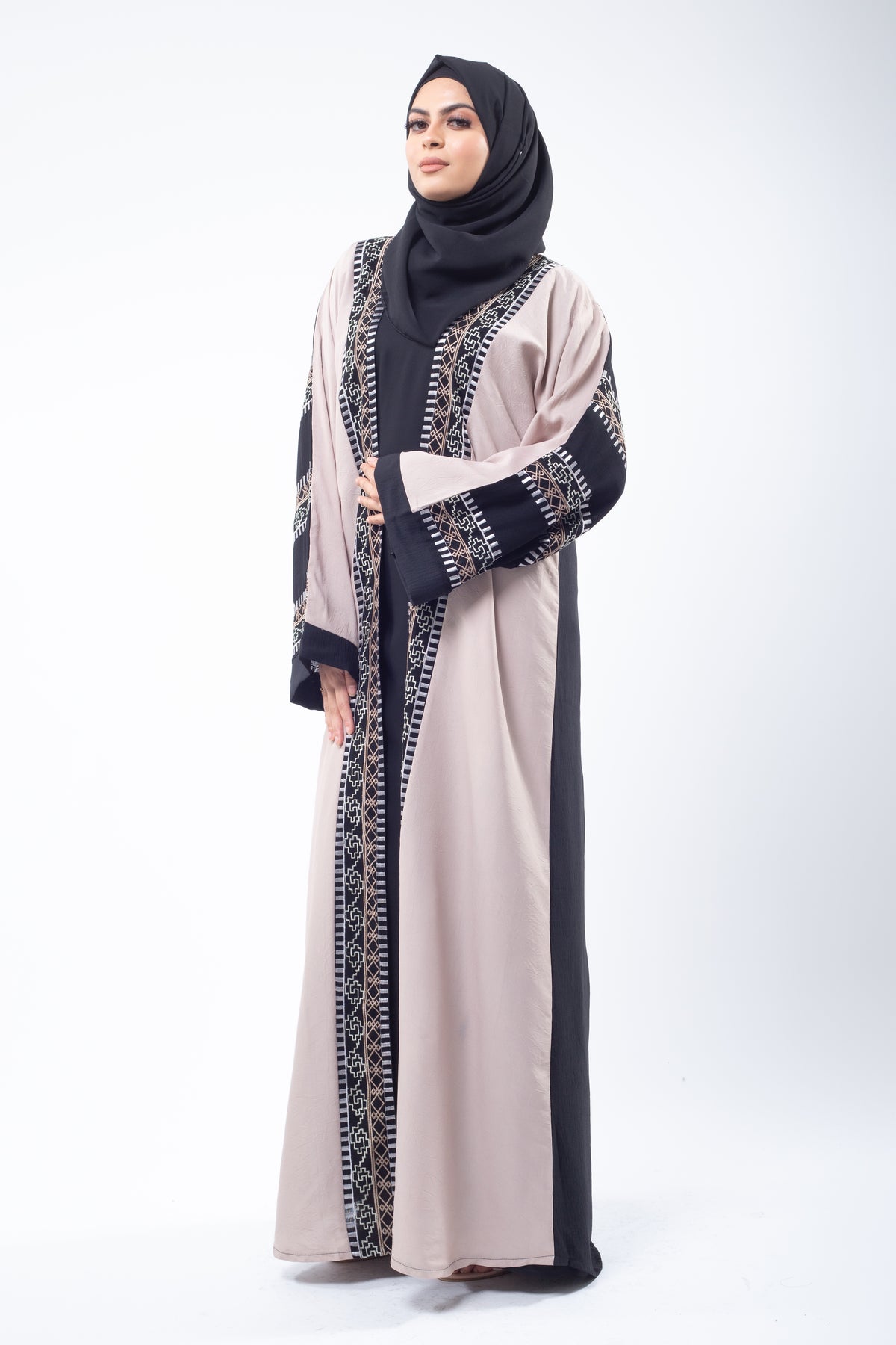 Dual Tone Aztec Print Co-Ord Open Abaya