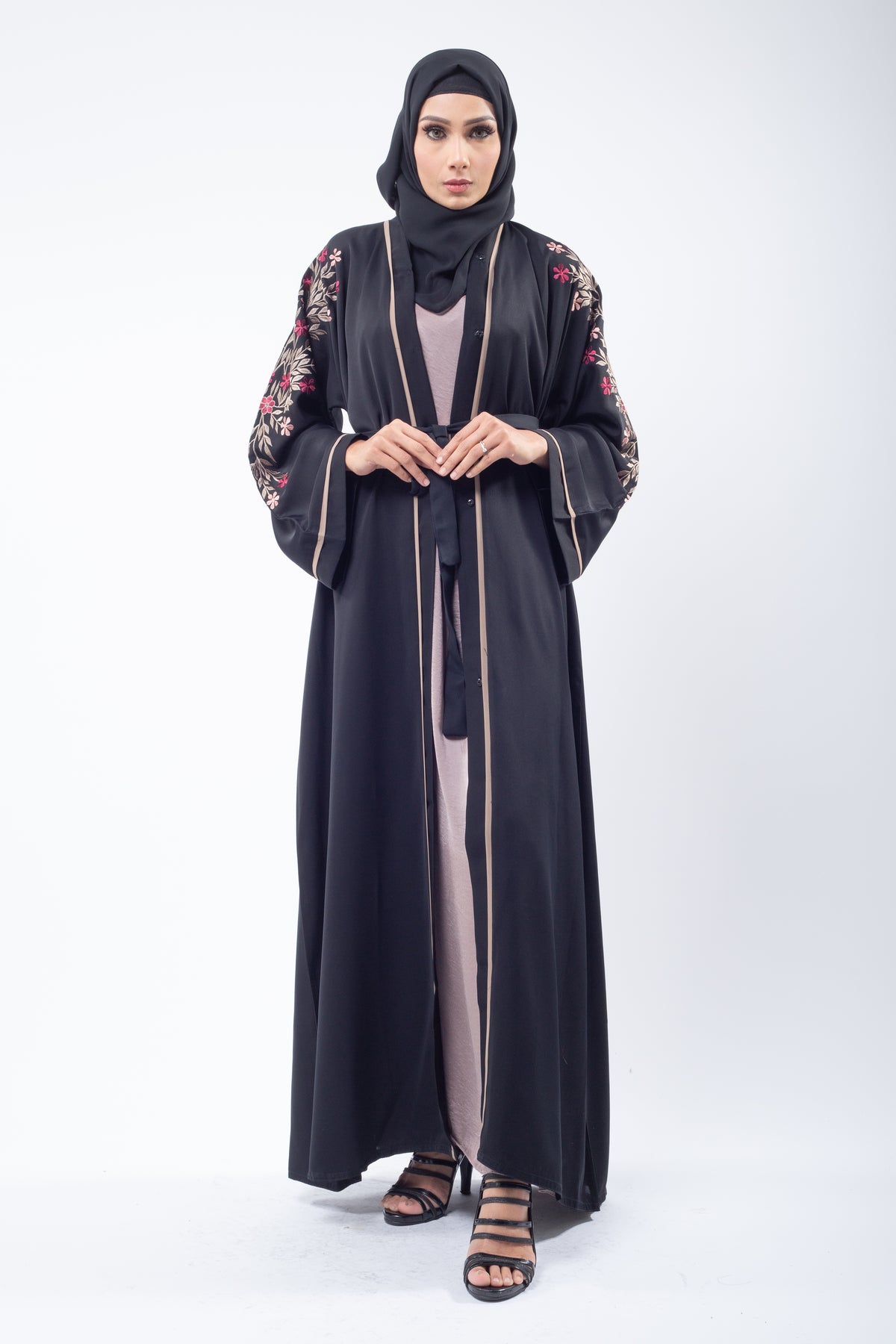 Blooming Floral Embroidery Black Open Abaya