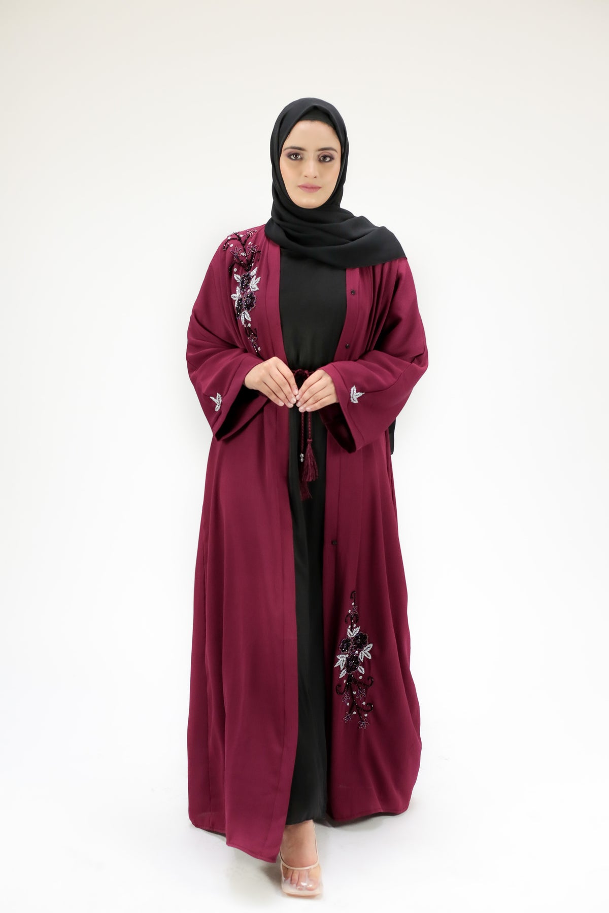 Sofia Dark Cherry Embellished Open Abaya